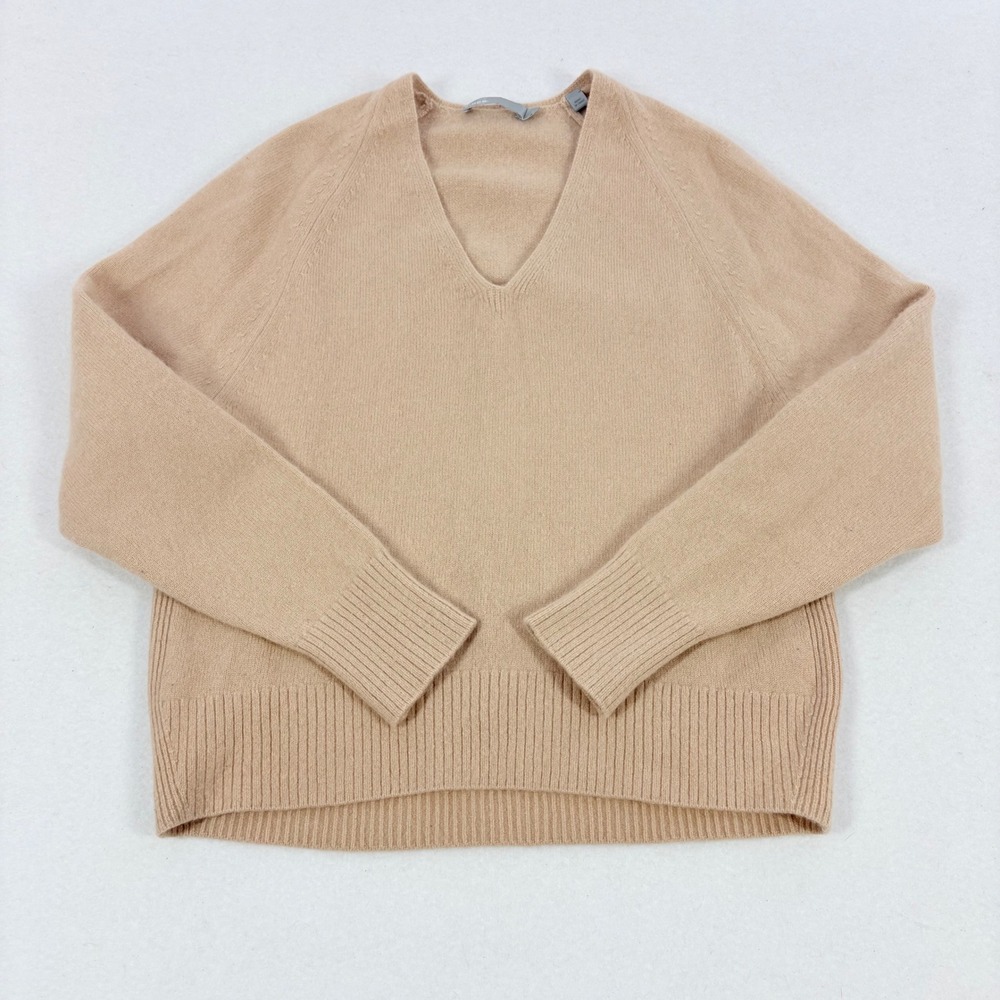 Vince V-Neck Cashmere Sweater Womens XS Tan Minimal Capsule Quiet Luxury Office